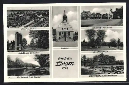 AK Lingen /Ems, Markt mit Rathaus, Wasserfall bei Hanekenfähr, Gefallenen-Ehrenmal