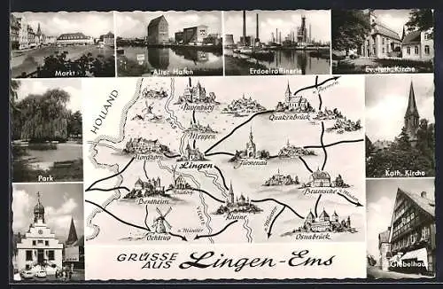 AK Lingen /Ems, Erdoelraffinerie, Alter Hafen, Landkarte mit Papenburg, Quakenbrück und Ochtrup Windmühle