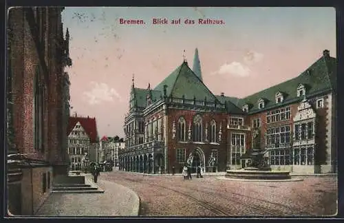 AK Bremen, Strassenpartie mit Rathaus und Brunnen