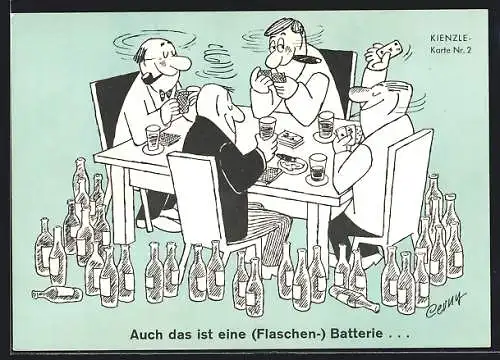 Künstler-AK Reklame für das Kienzle-Werk 606, Betrunkene Männer mit Flaschen-Batterie