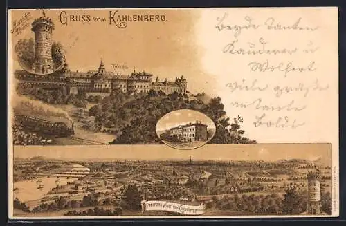 Lithographie Wien-Kahlenberg, Hotel Kahlenberg, Aussichts-Thurm