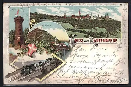 Lithographie Wien, Kahlenberg, Stefanie-Warte, Leopoldsberg, Eisenbahn