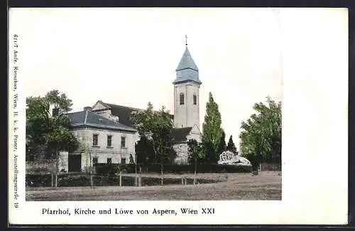 AK Wien-Aspern, Pfarrhof mit Kirche und Löwe