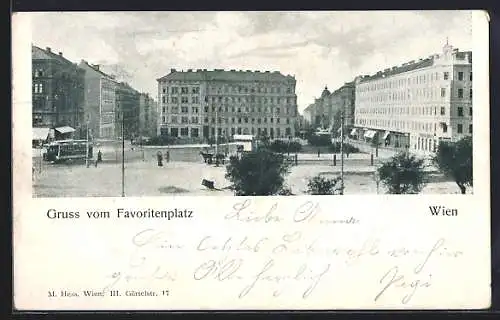 AK Wien, Strassenbahn und Passanten auf dem Favoritenplatz