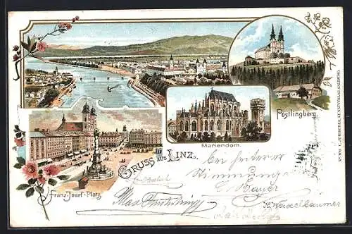 Lithographie Linz a. D., Ortspartie mit Donau, Pöstlingberg, Marienkirche