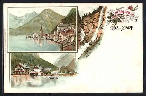 Lithographie Hallstatt, Blick vom Wasser auf den Ort, Wasserfall, Dampfer