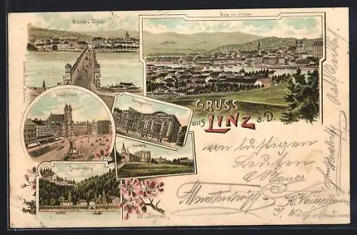 Lithographie Linz, Brücke und Urfahr, Hauptplatz, Volksgarten