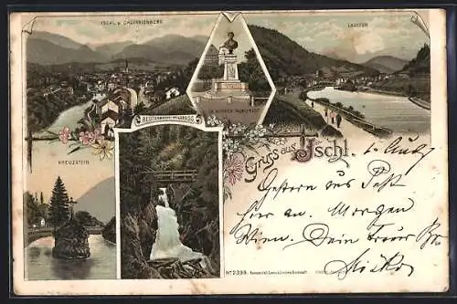 Lithographie Ischl, Redtenbach-Wildnis, Kreuzstein, Wirrer-Monument und Blick vom Calvarienberg