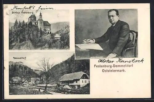 AK St. Lorenzen am Wechsel, Schloss Festenburg, Portrait Ottokar Kernstock, Panorama Demmeldorf