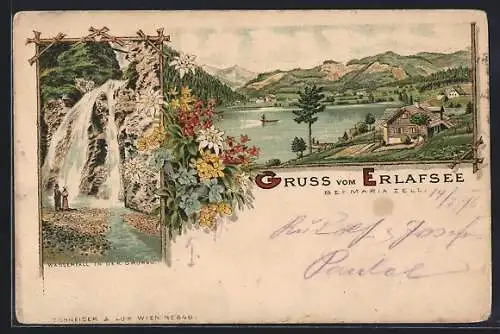 Lithographie Maria Zell, Blick auf den Erlafsee, Wasserfall in der Grünau