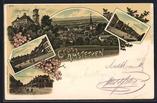 Lithographie Amstetten, Wiener Strasse, Hauptplatz, Schloss Walse, Totalansicht