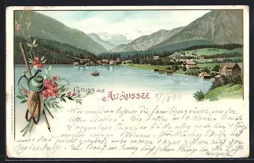 Lithographie Altaussee, Blick zum Ort, Bergsteigerausrüstung