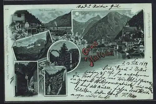 Mondschein-Lithographie Hallstatt, Hotel Seeauer, Mühlbachfall, Gosauzwang und Waldbach Strub