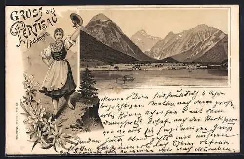 Lithographie Pertisau a. Achensee, Panorama mit See und Gebirge, Österreicherin in Tracht