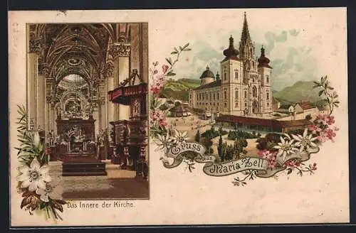 Lithographie Maria Zell, Wallfahrtskirche, Aussen- und Innenansicht
