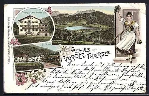Lithographie Vorder-Thiersee, Gasthaus zum Seewirt und Totalansicht, Dame in Tracht