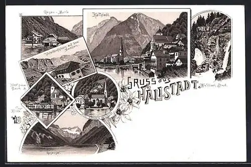 Lithographie Hallstatt, Hotel grüner Baum und Prot. Kirche, Hotel Seeauer und kath. Kirche