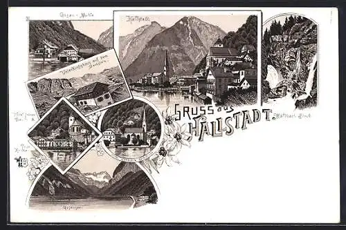 Lithographie Hallstatt, Hotel grüner Baum und Prot. Kirche, Hotel Seeauer und kath. Kirche
