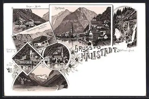 Lithographie Hallstatt, Hotel grüner Baum und Prot. Kirche, Hotel Seeauer und kath. Kirche