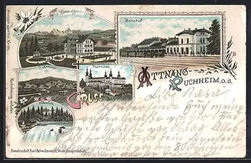Lithographie Attnang-Puchheim, Bahnhof mit Hotel und Traunfall