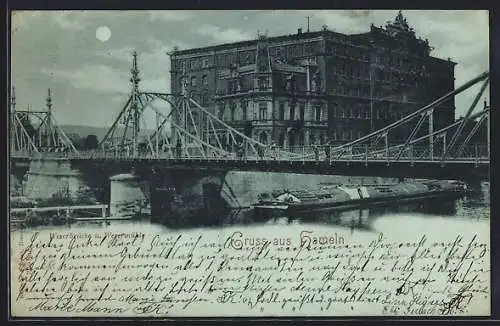 Mondschein-AK Hameln, Weserbrücke und Wesermühle