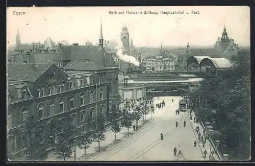 AK Essen, Blick auf Huissen`s Stiftung, Hauptbahnhof und Post