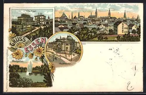 Lithographie Essen, Stadttheater, Stadtgarten, Villa Hügel und Totalansicht