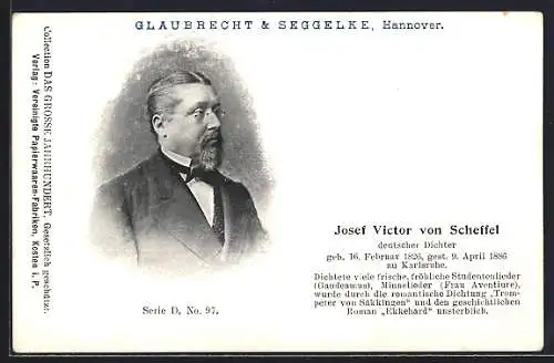 AK Deutscher Dichter Josef Victor von Scheffel, Profilbild, geb. 1826, Vers