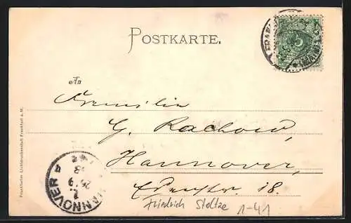 AK Frankfurt a. M., Uferpartie mit Kirche, Friedrich Stoltze