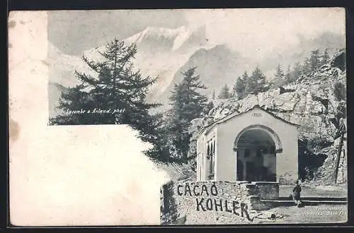 AK Saas-Fee, Kapelle Notre-Dame des Marches, Reklame für Cacao Kohler