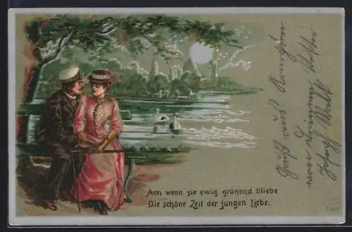 Lithographie Student in Couleur mit seiner Liebsten am Schwanensee