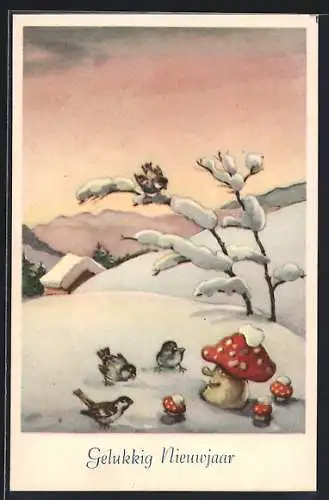 Künstler-AK Fliegenpilz mit Gesicht und Spatzen im Schnee