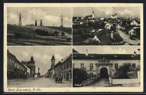 AK Zistersdorf /N.-Oe., Erdölfeld mit Bohrtürmen, Schloss, Strassenpartie