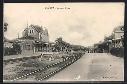 AK Chagny, Les deux Gares, Bahnhof von der Gleisseite