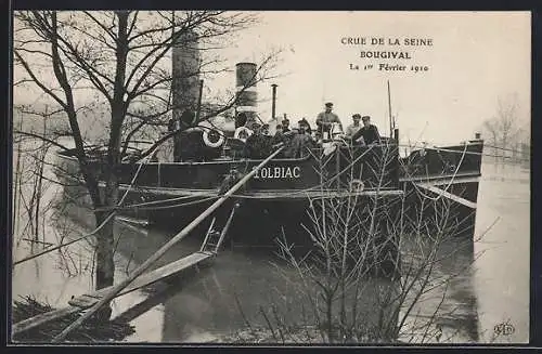 AK Bougival, Crue de la Seine 1910, Dampfer Folbiac bei Hochwasser