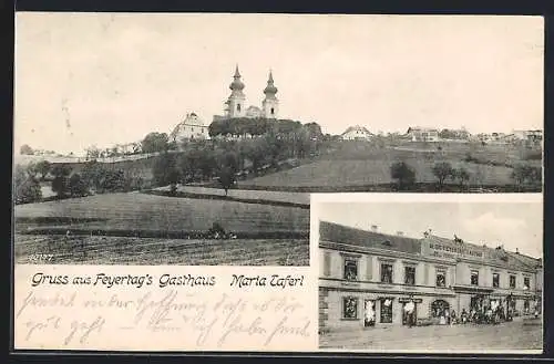 AK Maria Taferl, Feyertags Gasthaus, Blick zur Kirche