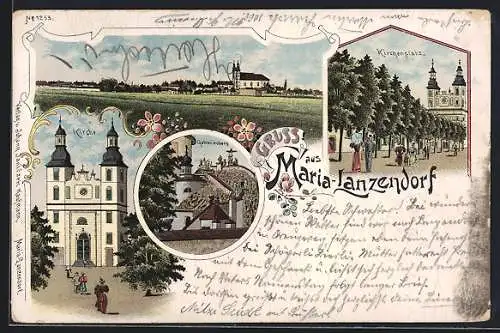 Lithographie Maria-Lanzendorf, Kirche, Galvarienberg, KIrchenplatz, Totalansicht aus der Ferne