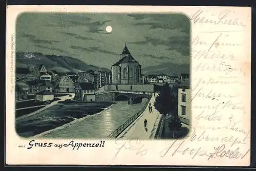 Lithographie Appenzell, Teilansicht mit Brücke und Kirche