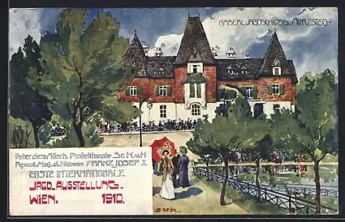 Künstler-AK Wien, 1. Internationale Jagd-Ausstellung 1910, Kaiserliches Jagdschloss Mürzsteg