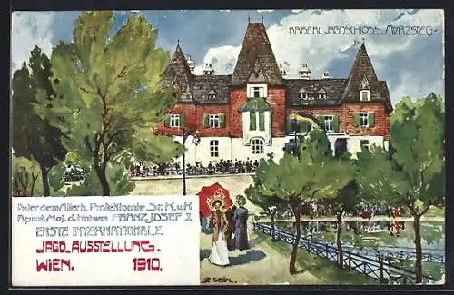 Künstler-AK Wien, 1. Internationale Jagd-Ausstellung 1910, Kaiserliches Jagdschloss Mürzsteg