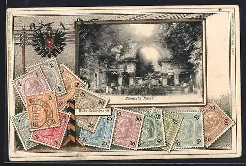 Präge-AK Wien, Schönbrunn, Römische Ruine, österreichische Briefmarken