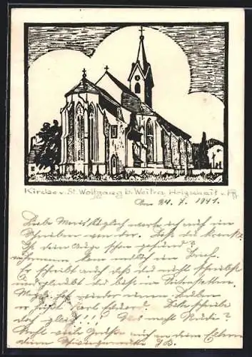 Künstler-AK Handgemalt: St. Wolfgang b. Weitra, Kirche, Holzschnitt