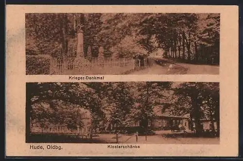 AK Hude /Oldbg., Gasthaus Klosterschenke, Kriegerdenkmal