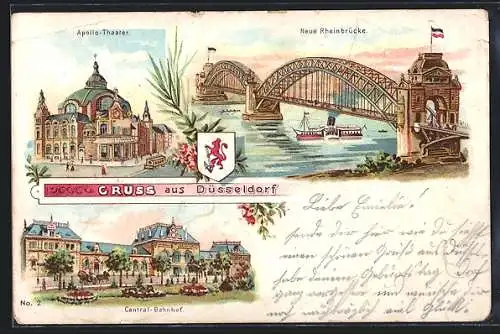 Lithographie Düsseldorf, Apollo-Theater, neue Rheinbrücke, Central-Bahnhof