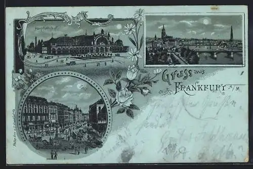 Mondschein-Lithographie Frankfurt a. M., Hauptbahnhof, Pferdebahnen an der Zeil, Panoramablick