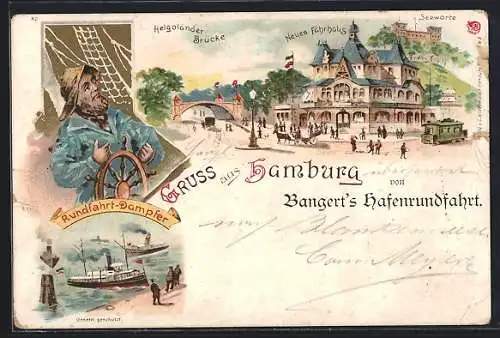 Lithographie Hamburg-St.Pauli, Helgoländer Brücke, Neues Fährhaus, Seewarte, Rundfahrt-Dampfer