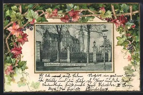 Lithographie Bückeburg, Palais der Fürstin Mutter, florales Passepartout