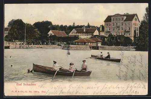 AK Bad Schachen, Blick vom Wasser nach dem Hotel