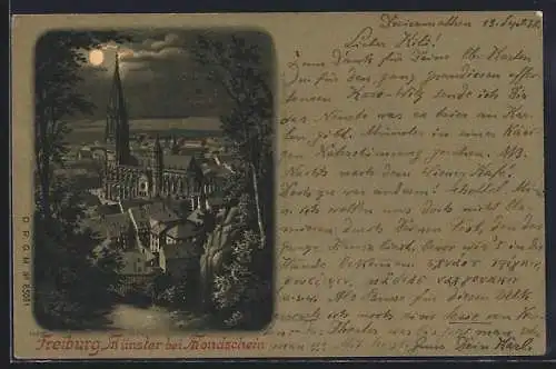 Mondschein-Lithographie Freiburg / Breisgau, Münster bei Vollmond