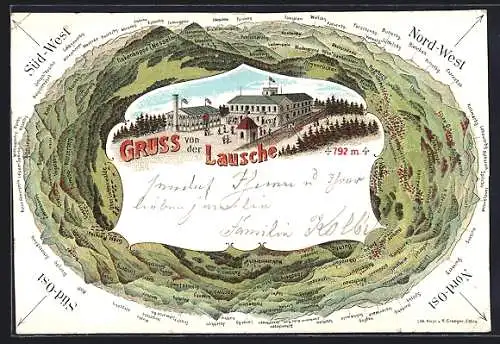 Lithographie Waltersdorf / Sa., Rundblick vom Gasthaus Lausche mit Umgebung